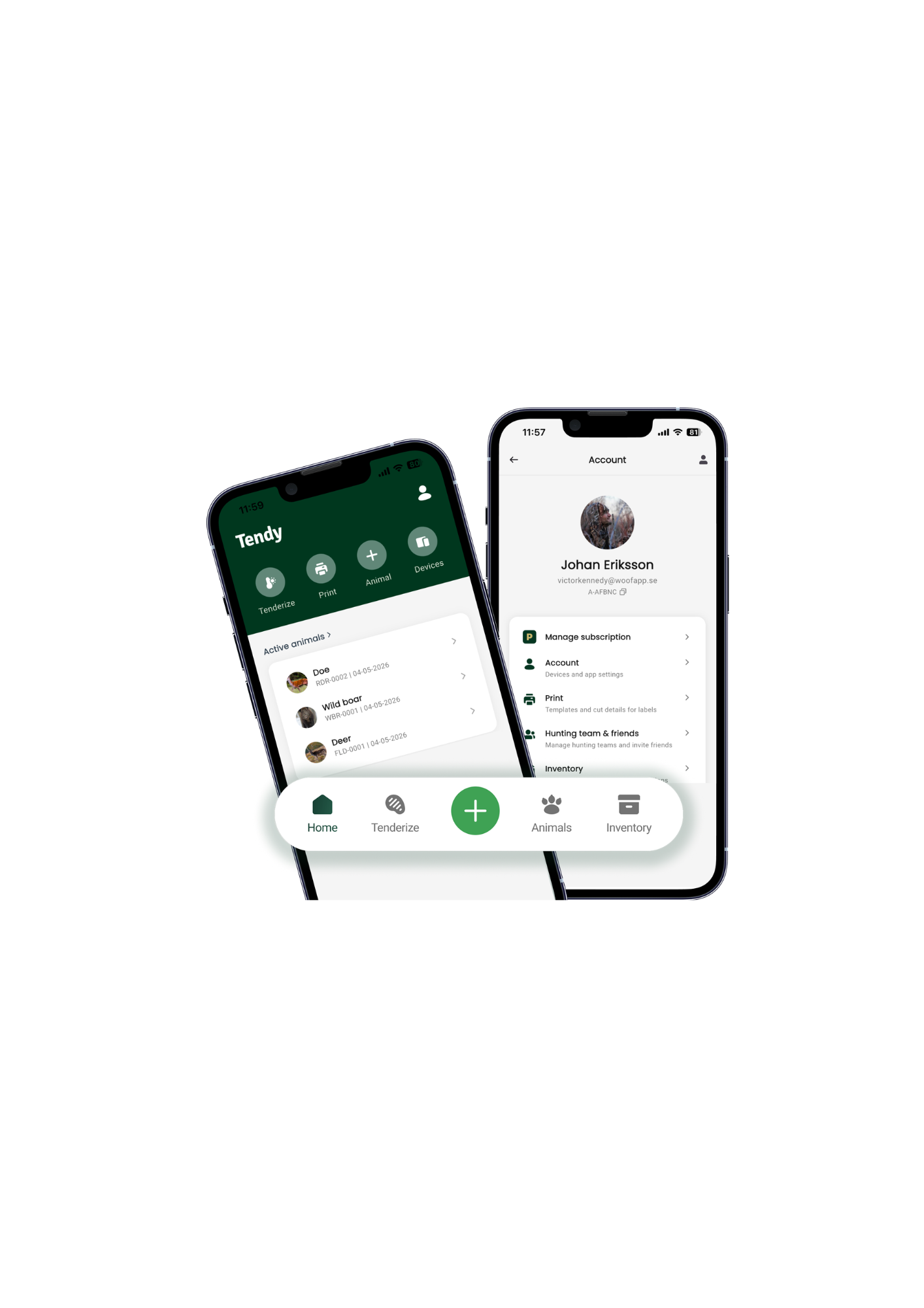 tendy app statisk bild 2 telefoner som visar 2 skärmar i appen